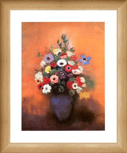 Framed Framed Anemones and Lilac in a Blue Vase - Odilon Redon