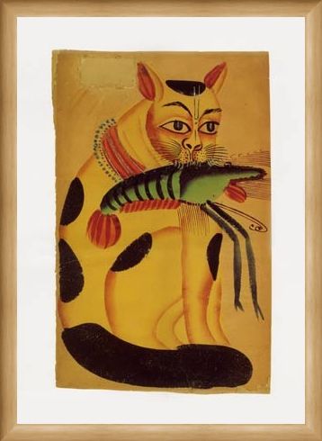 Framed Framed Cat with Prawn - Indian Popular Painting from Kalighat