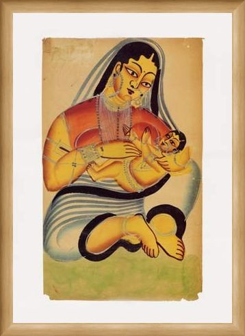 Framed Framed Mother and Child - Indian Popular Painting From Kalighat