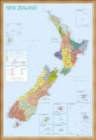Framed Framed Map of New Zealand - Detailed Geographical