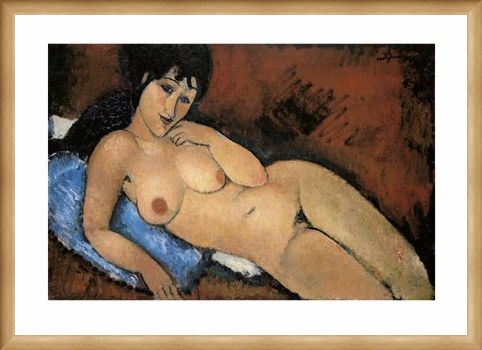 Framed Framed Nude on a Blue Cushion - Amedeo Modigliani