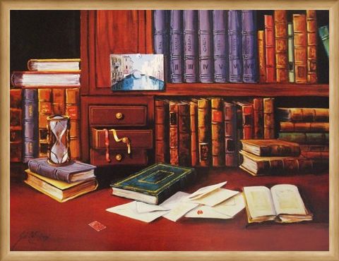 Framed Framed Library with Hourglass - G de Simoni