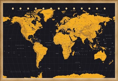 Framed Framed Black And Gold - World Map