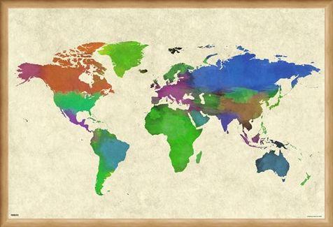 Framed Framed Colourful Continents - World Map Watercolor