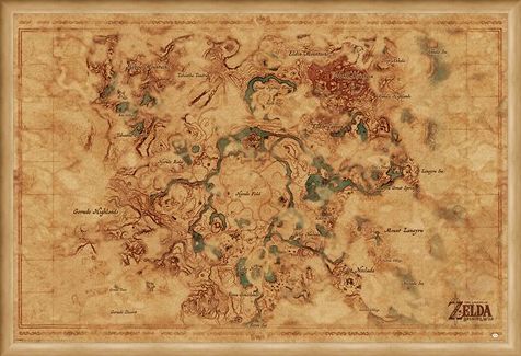 Framed Framed Breath Of The Wild Hyrule World Map - The Legend Of Zelda