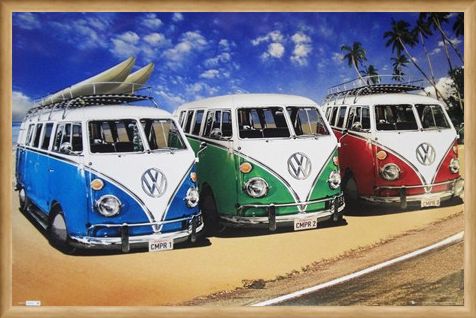 Framed Framed Camper Van Trio On The Shoreline - Volkswagens On The Beach