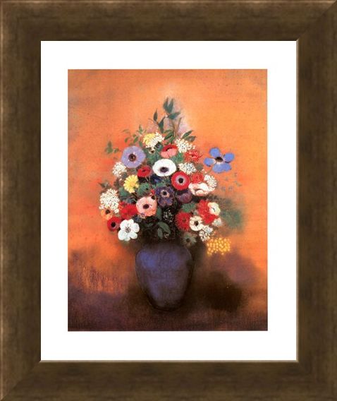 Framed Framed Anemones and Lilac in a Blue Vase - Odilon Redon