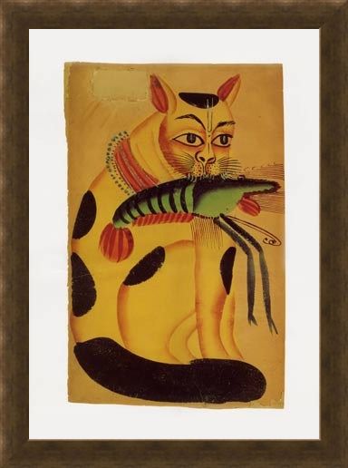 Framed Framed Cat with Prawn - Indian Popular Painting from Kalighat