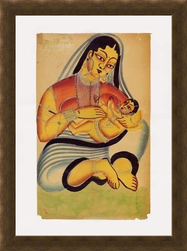 Framed Framed Mother and Child - Indian Popular Painting From Kalighat