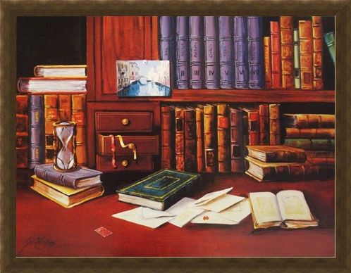 Framed Framed Library with Hourglass - G de Simoni