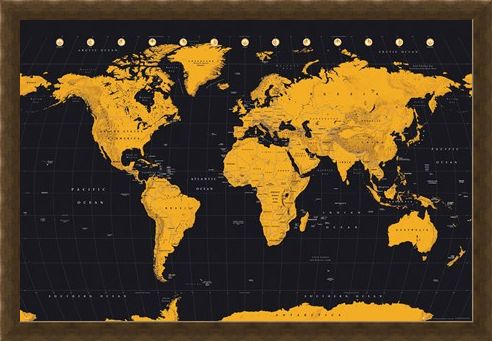 Framed Framed Black And Gold - World Map
