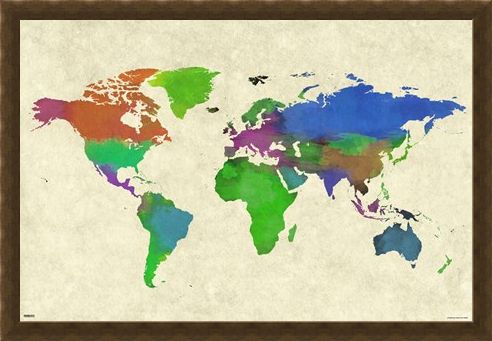 Framed Framed Colourful Continents - World Map Watercolor