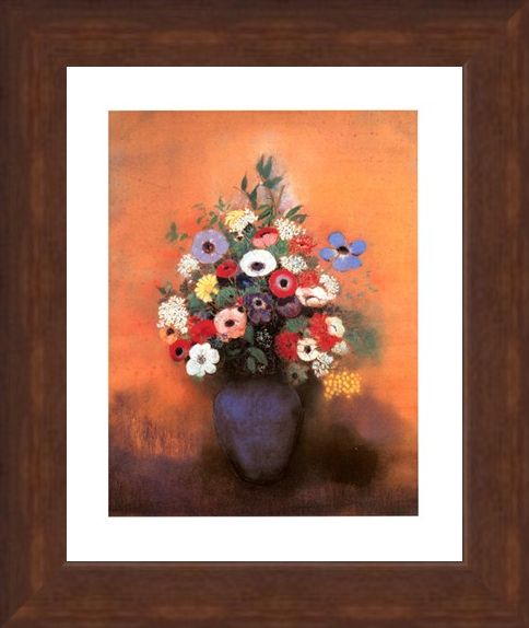 Framed Framed Anemones and Lilac in a Blue Vase - Odilon Redon