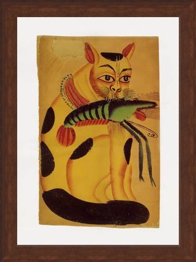 Framed Framed Cat with Prawn - Indian Popular Painting from Kalighat
