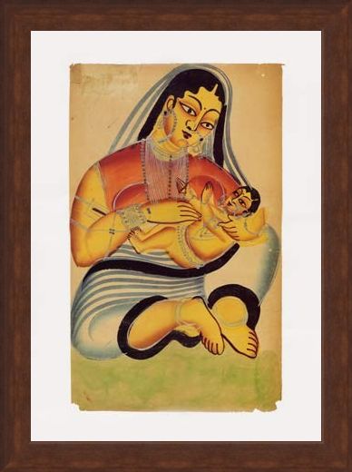 Framed Framed Mother and Child - Indian Popular Painting From Kalighat