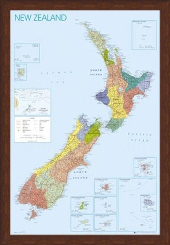 Framed Framed Map of New Zealand - Detailed Geographical
