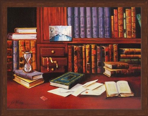 Framed Framed Library with Hourglass - G de Simoni