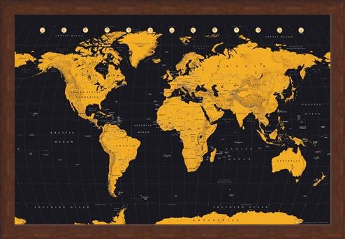 Framed Framed Black And Gold - World Map