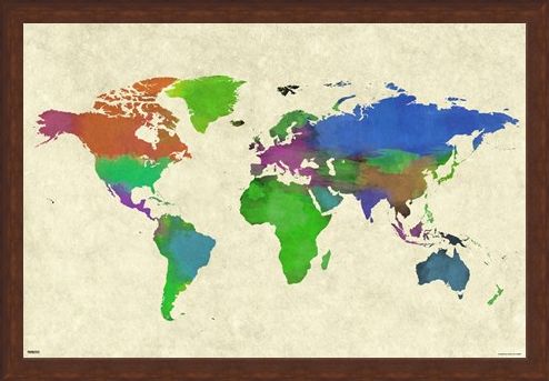 Framed Framed Colourful Continents - World Map Watercolor