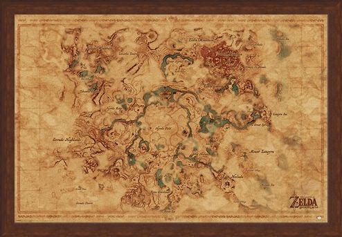 Framed Framed Breath Of The Wild Hyrule World Map - The Legend Of Zelda