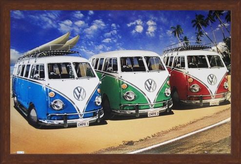 Framed Framed Camper Van Trio On The Shoreline - Volkswagens On The Beach