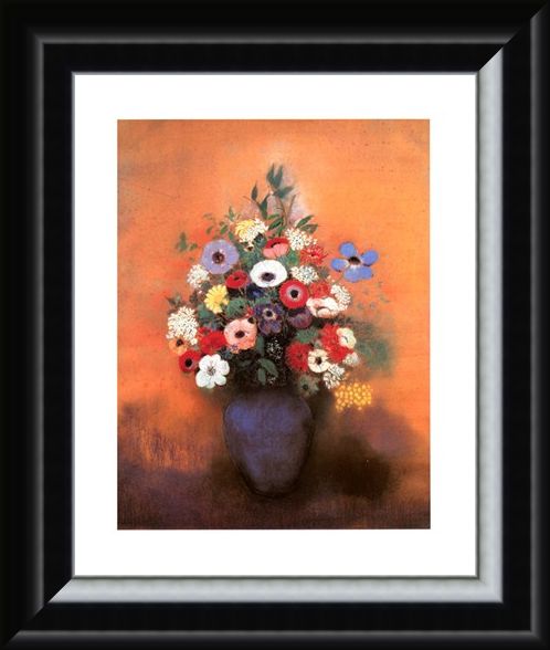 Framed Framed Anemones and Lilac in a Blue Vase - Odilon Redon