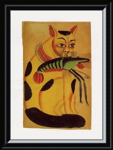 Framed Framed Cat with Prawn - Indian Popular Painting from Kalighat