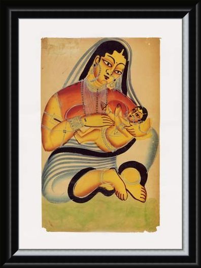 Framed Framed Mother and Child - Indian Popular Painting From Kalighat