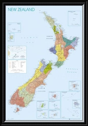 Framed Framed Map of New Zealand - Detailed Geographical