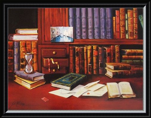 Framed Framed Library with Hourglass - G de Simoni