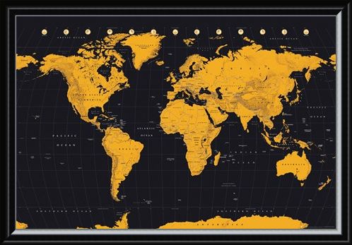 Framed Framed Black And Gold - World Map