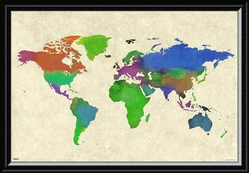 Framed Framed Colourful Continents - World Map Watercolor