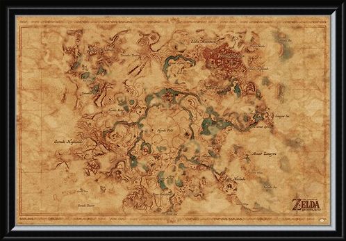 Framed Framed Breath Of The Wild Hyrule World Map - The Legend Of Zelda