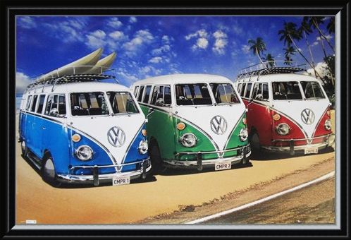 Framed Framed Camper Van Trio On The Shoreline - Volkswagens On The Beach