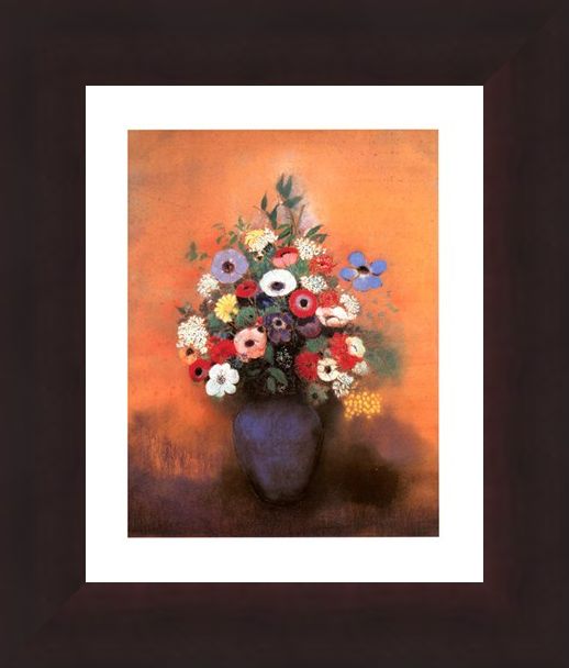 Framed Framed Anemones and Lilac in a Blue Vase - Odilon Redon