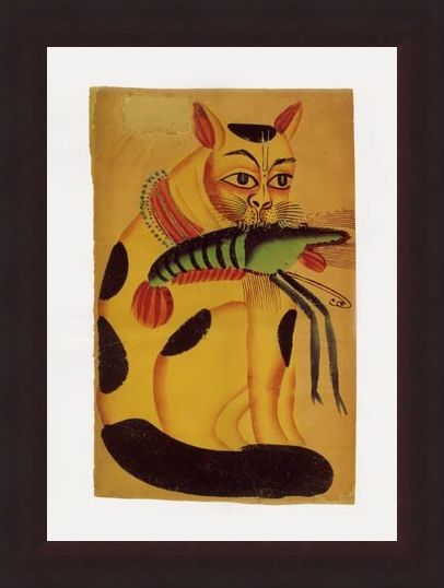 Framed Framed Cat with Prawn - Indian Popular Painting from Kalighat