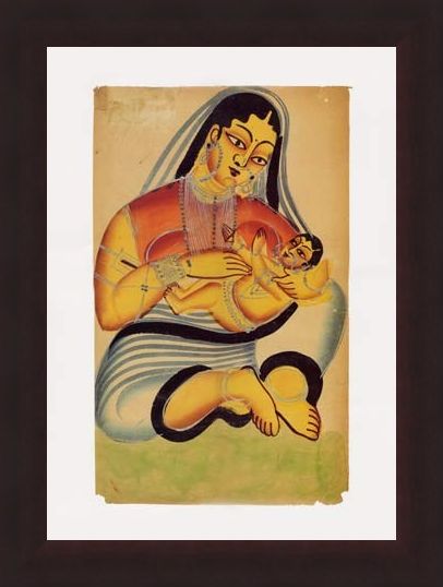 Framed Framed Mother and Child - Indian Popular Painting From Kalighat