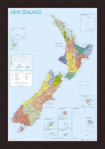 Framed Framed Map of New Zealand - Detailed Geographical