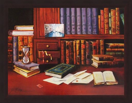 Framed Framed Library with Hourglass - G de Simoni