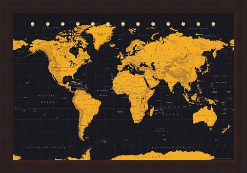 Framed Framed Black And Gold - World Map