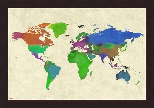 Framed Framed Colourful Continents - World Map Watercolor