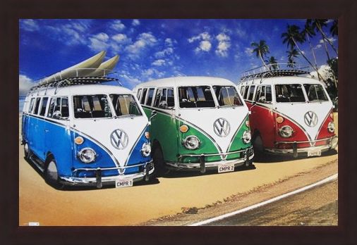 Framed Framed Camper Van Trio On The Shoreline - Volkswagens On The Beach