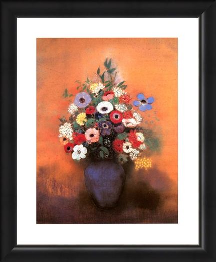 Framed Framed Anemones and Lilac in a Blue Vase - Odilon Redon