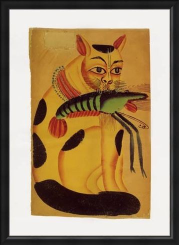 Framed Framed Cat with Prawn - Indian Popular Painting from Kalighat