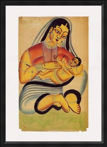 Framed Framed Mother and Child - Indian Popular Painting From Kalighat