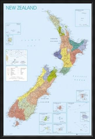 Framed Framed Map of New Zealand - Detailed Geographical