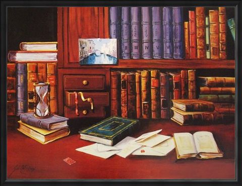 Framed Framed Library with Hourglass - G de Simoni