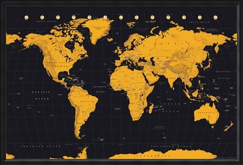 Framed Framed Black And Gold - World Map