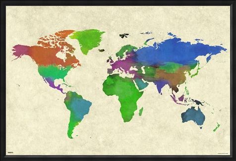 Framed Framed Colourful Continents - World Map Watercolor