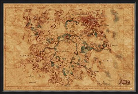 Framed Framed Breath Of The Wild Hyrule World Map - The Legend Of Zelda